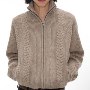 Men's Tan Cable Knit Sweater with Zipper